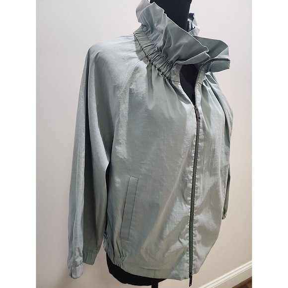 DKNY Womens Full Zip Jacket Size 10 3/4 Sleeve Green Ruffle Neck - Picture 3 of 6